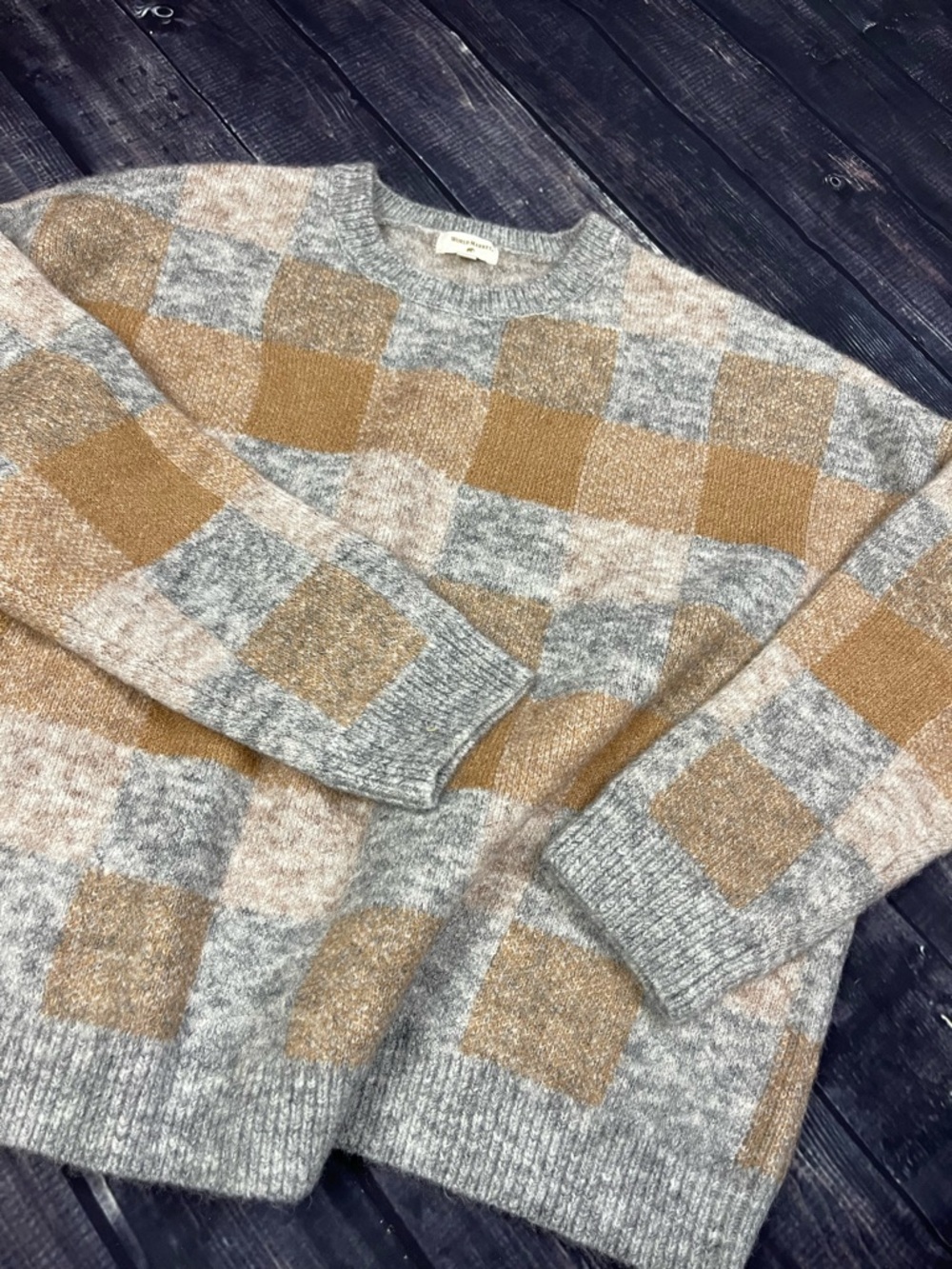 Cost Plus World Market Gray & Tan Check Crewneck Sweater